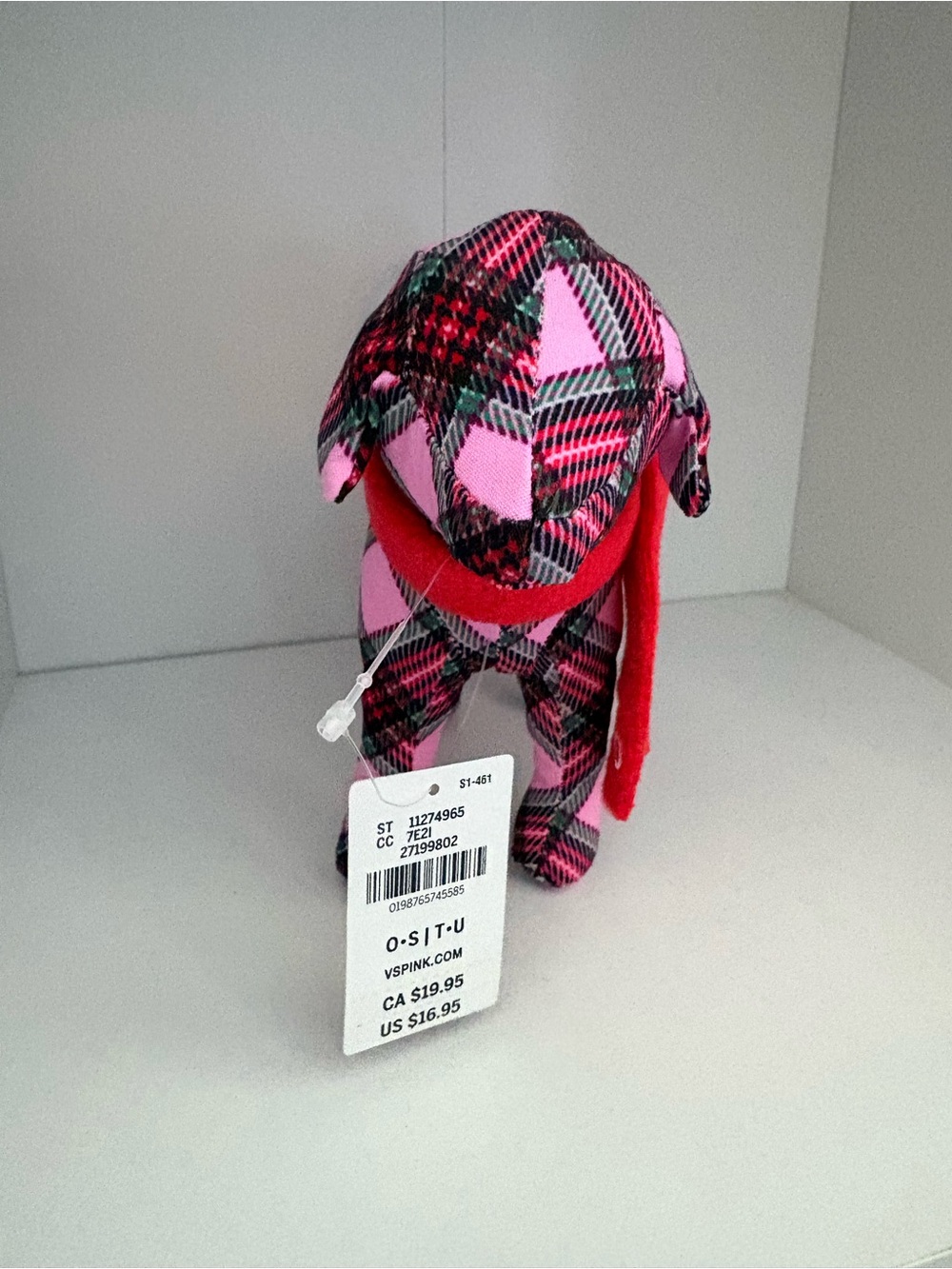 PINK Victoria's Secret Plaid Pink & Black Dog Plush with Red Scarf - Picture 3 of 6
